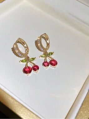 Gold Cherry Drop Hoop Earrings with Red and Green Accents